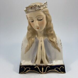 VINTAGE VIRGIN MARY FOLDING HANDS MADONNA PLANT HOLDER - PAINTED W/ GOLD TRIM